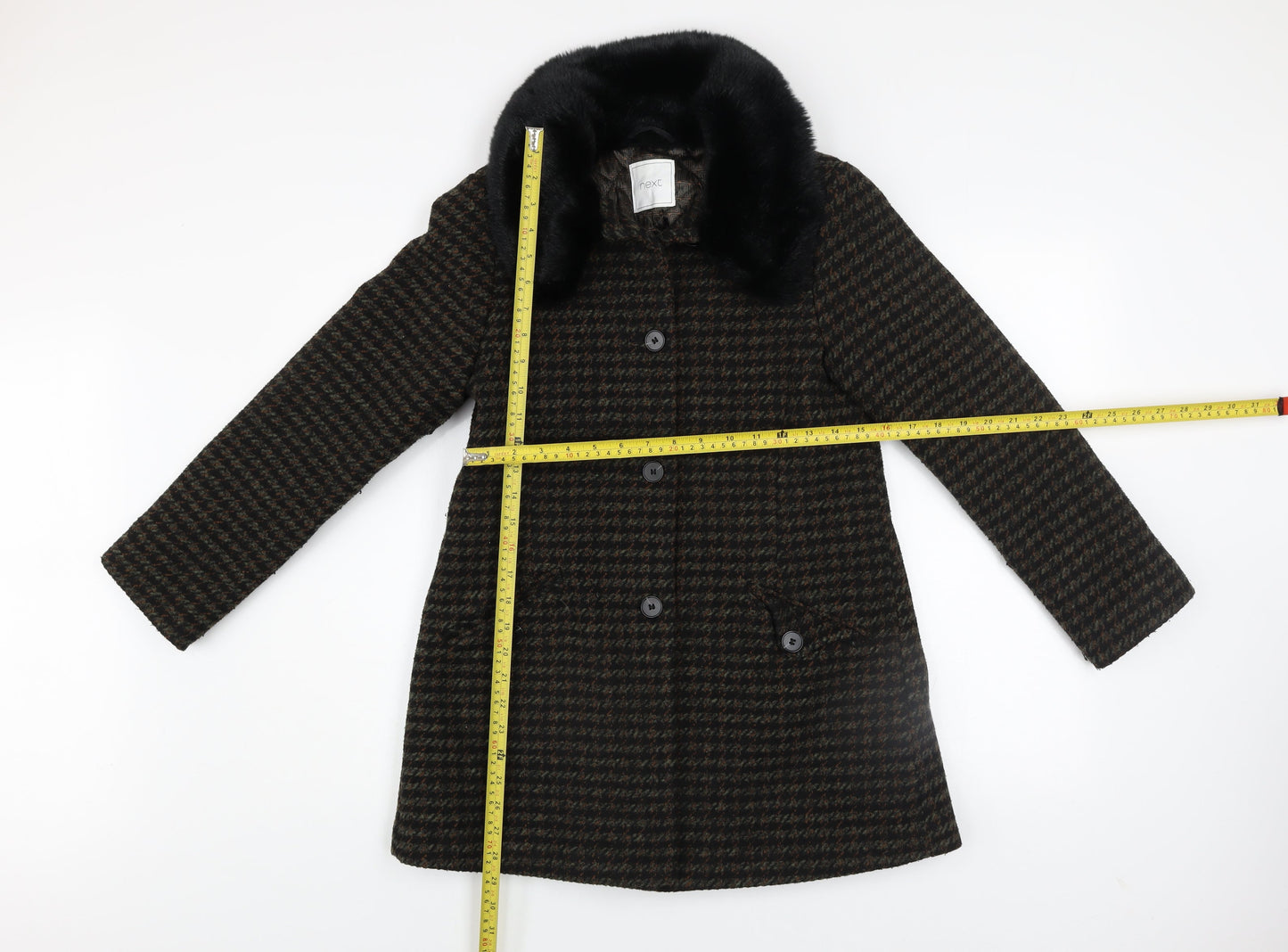 Next Girls Brown Houndstooth Faux Fur Collar Wool Blend Coat 12 Years