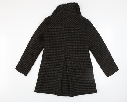 Next Girls Brown Houndstooth Faux Fur Collar Wool Blend Coat 12 Years