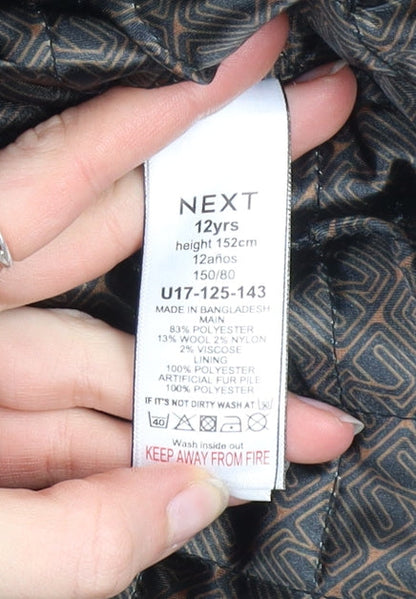 Next Girls Brown Houndstooth Faux Fur Collar Wool Blend Coat 12 Years