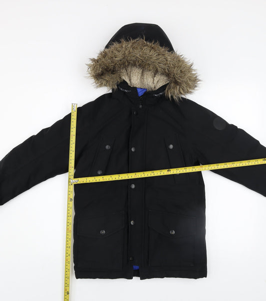 Jack & Jones Boys Black Hooded Faux Fur Trim Parka Coat 12 Years