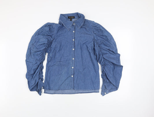 QED London Women Blue Puff Sleeve Chambray Button-Up Shirt Size 10