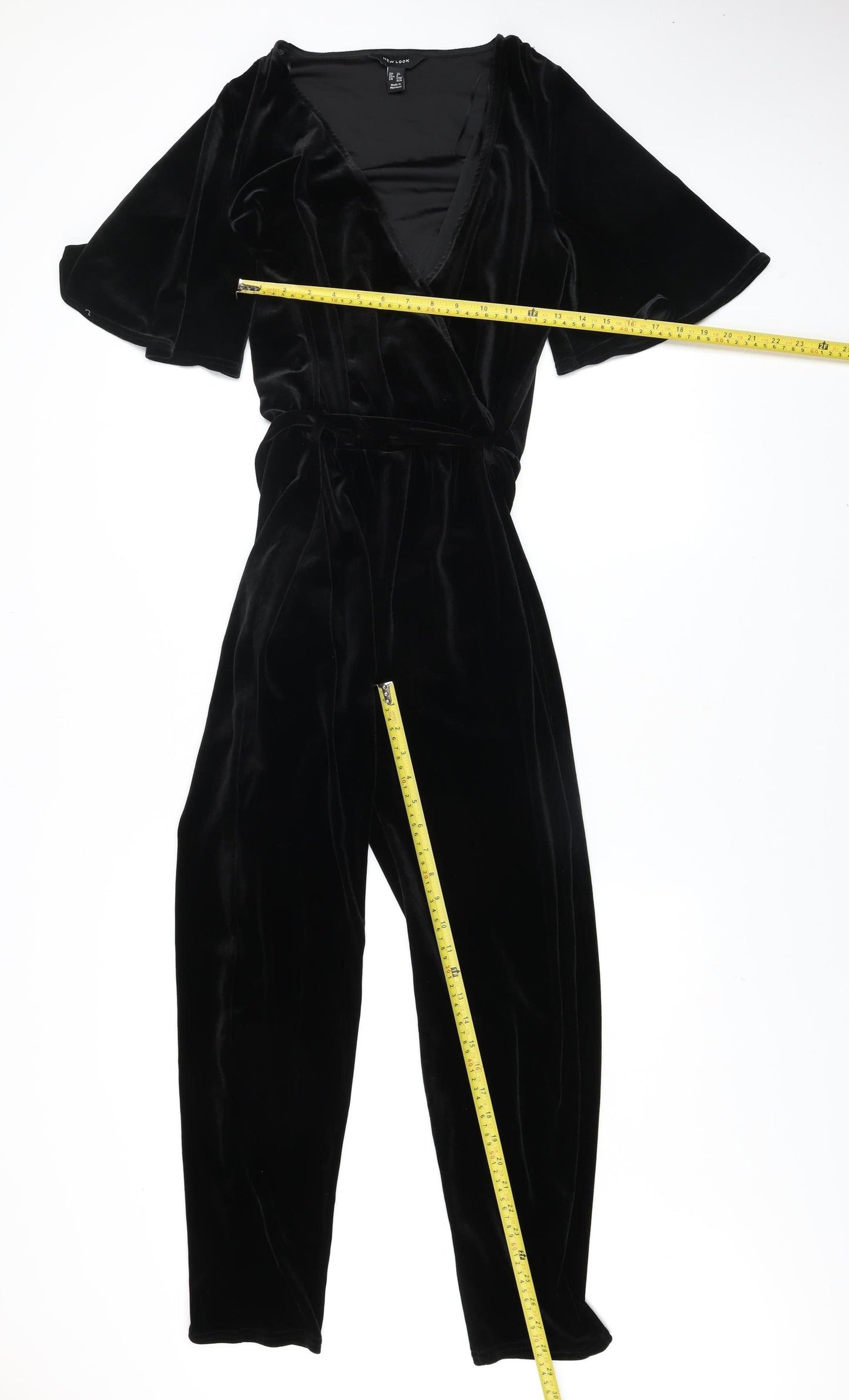 New Look Women's Black Velvet Jumpsuit UK 12 V-Neck Belted Wide-Leg