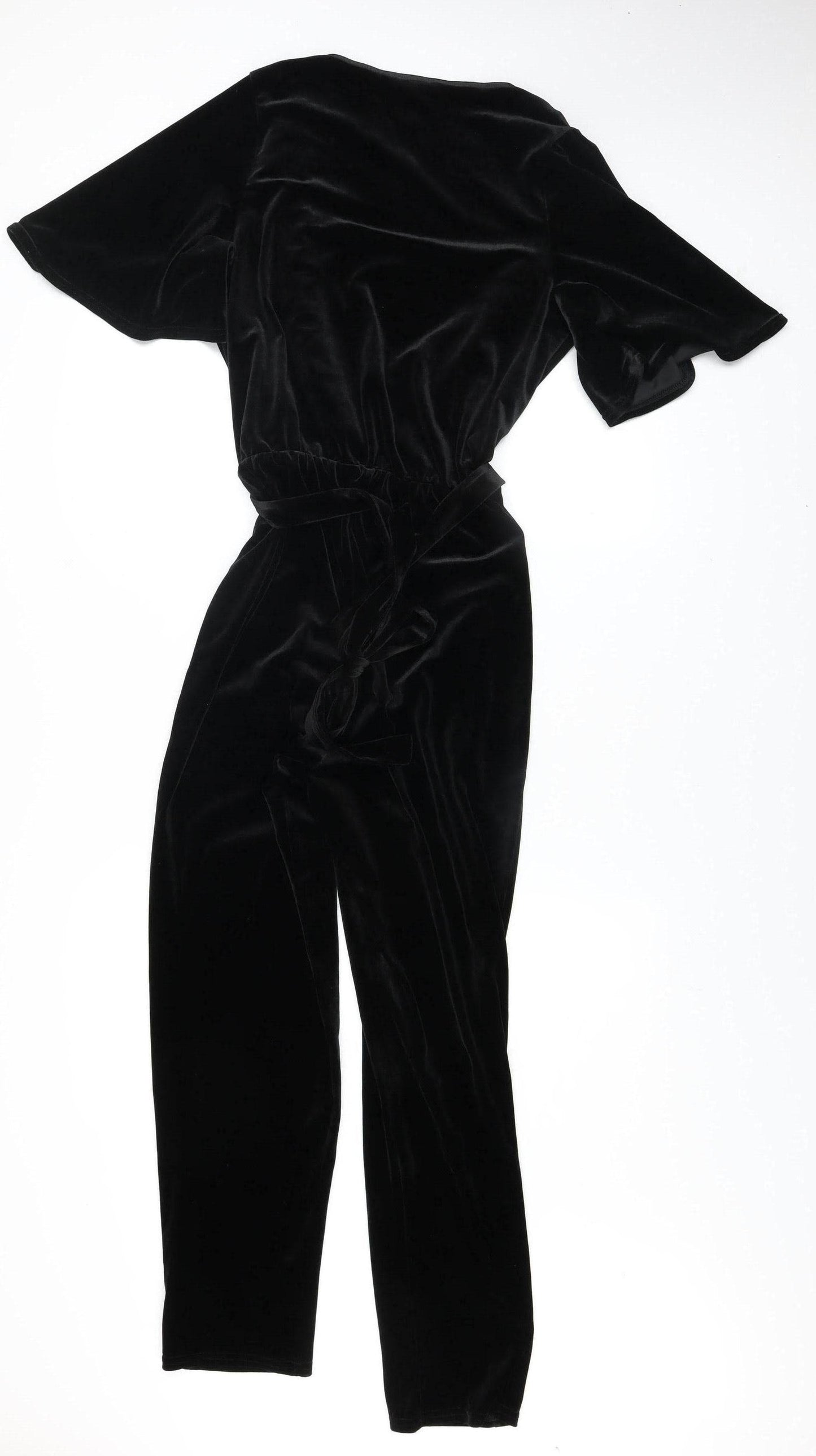 New Look Women's Black Velvet Jumpsuit UK 12 V-Neck Belted Wide-Leg