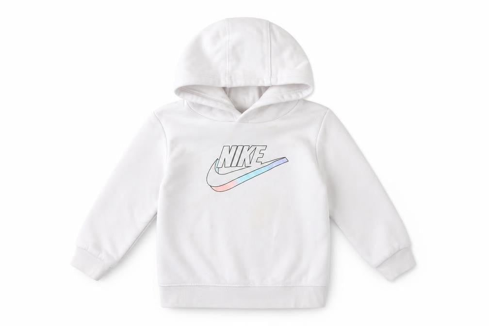Front view of Nike girls’ white pullover hoodie 2 years fleece logo hooded sweatshirt