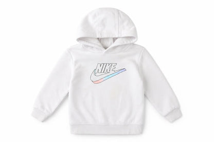 Front view of Nike girls’ white pullover hoodie 2 years fleece logo hooded sweatshirt