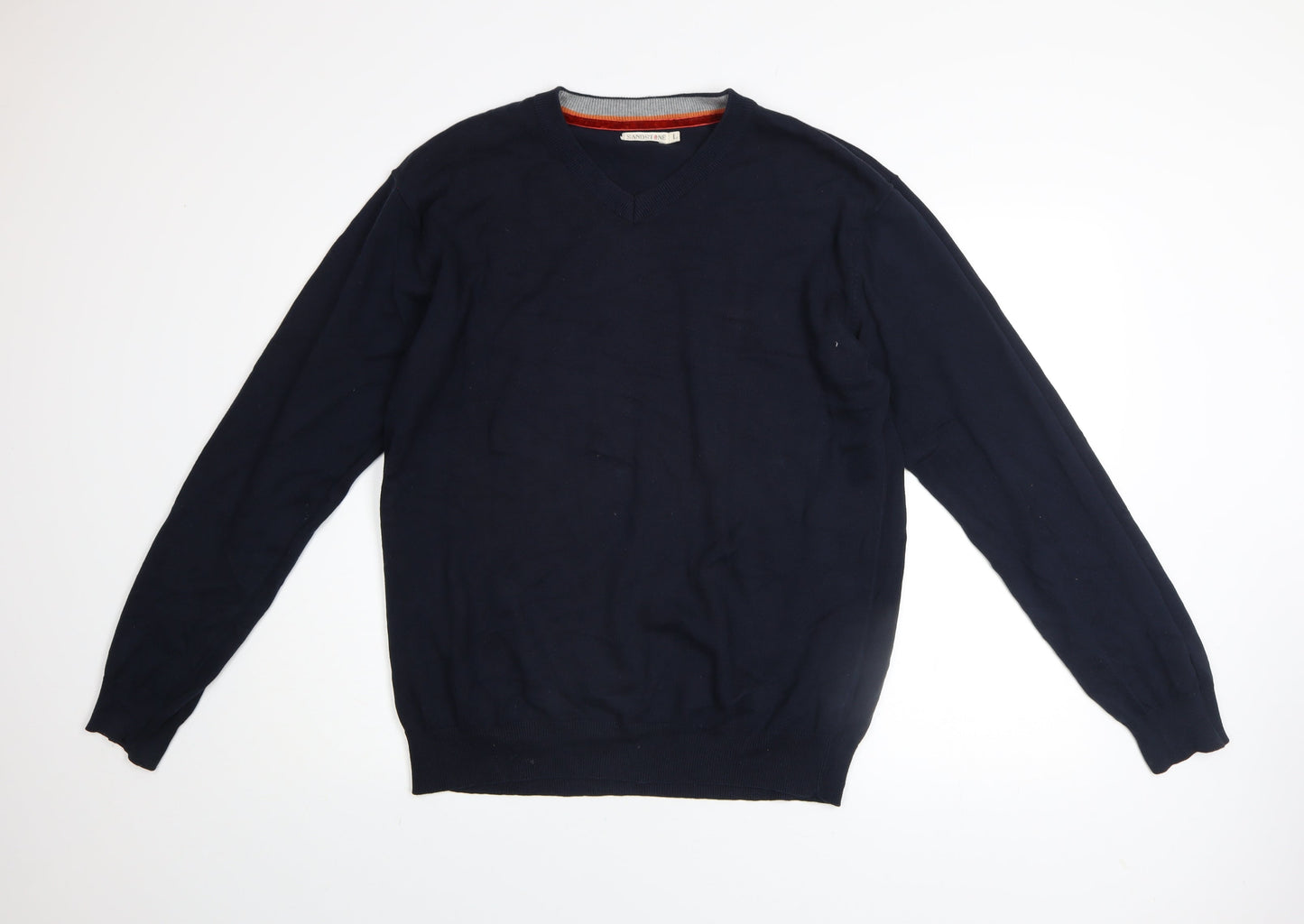 Sandstone Men's Navy Cotton V-Neck Jumper Size L Lightweight Knit