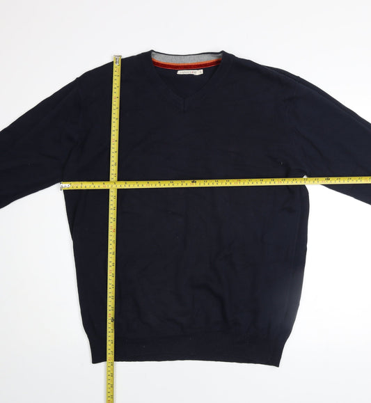 Sandstone Men's Navy Cotton V-Neck Jumper Size L Lightweight Knit