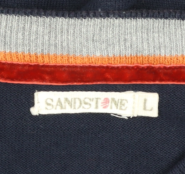 Sandstone Men's Navy Cotton V-Neck Jumper Size L Lightweight Knit