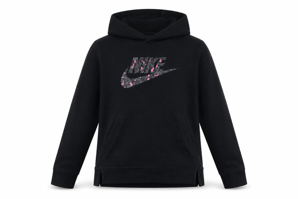 Front view of Nike girls’ black pullover hoodie fleece logo sweatshirt, size 146