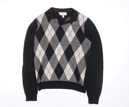 2nd Chapter Men's Black Argyle Cotton Henley Jumper Size S