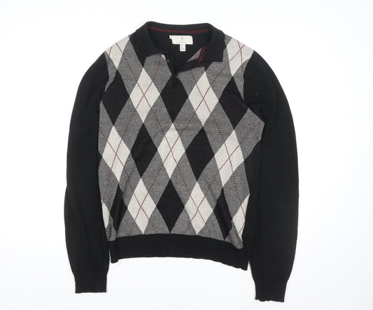 2nd Chapter Men's Black Argyle Cotton Henley Jumper Size S
