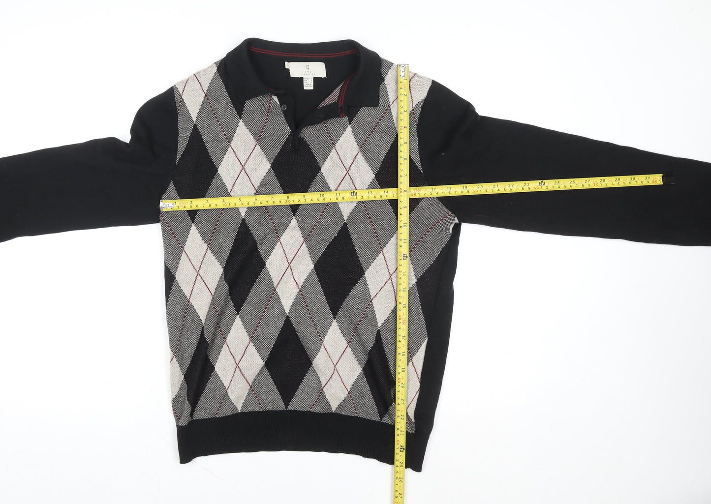 2nd Chapter Men's Black Argyle Cotton Henley Jumper Size S