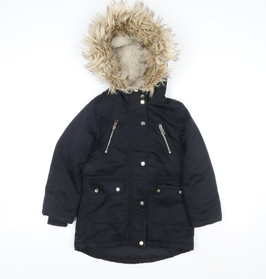 F&F Girls Black Faux Fur Hooded Parka Coat 6-7 Years Lined Winter Jacket
