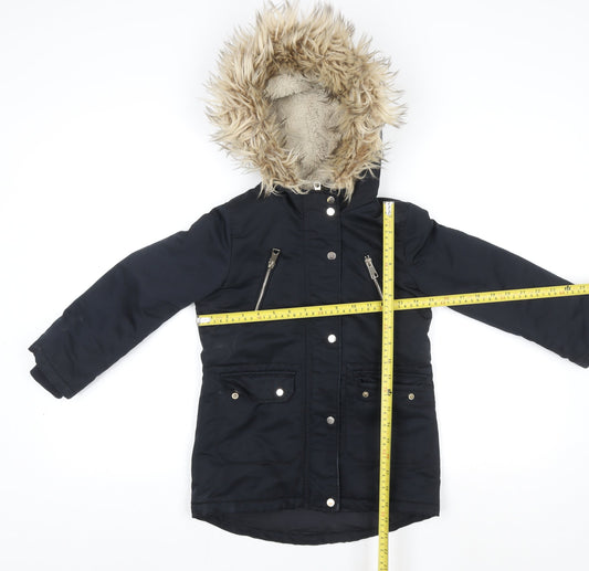 F&F Girls Black Faux Fur Hooded Parka Coat 6-7 Years Lined Winter Jacket