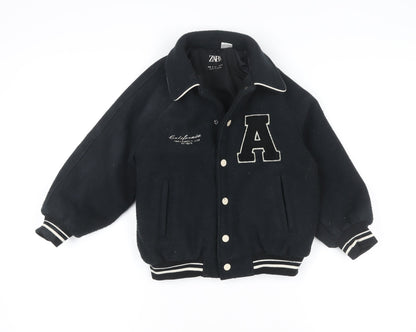 Zara Girls Black Varsity Jacket 6 Years Wool Blend Lined Button-Up