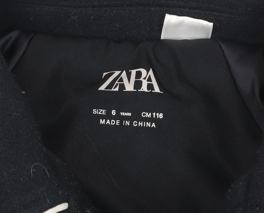 Zara Girls Black Varsity Jacket 6 Years Wool Blend Lined Button-Up