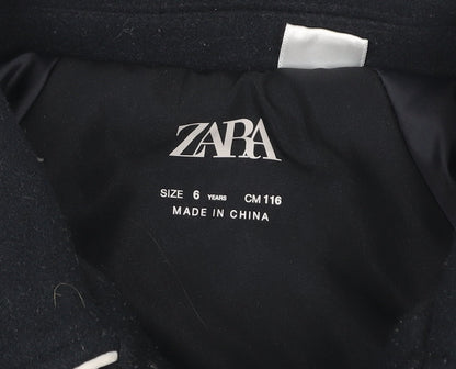 Zara Girls Black Varsity Jacket 6 Years Wool Blend Lined Button-Up