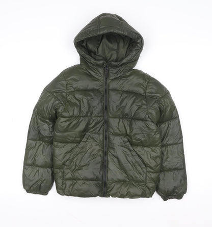 Primark Boys Green Hooded Puffer Jacket 7-8 Years Polyester Winter Coat