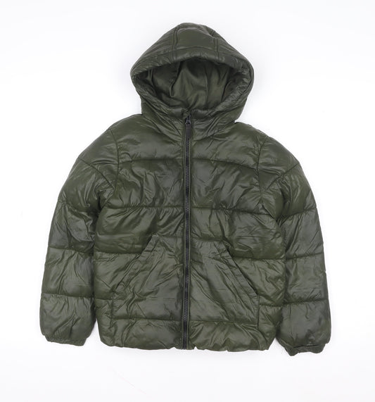 Primark Boys Green Hooded Puffer Jacket 7-8 Years Polyester Winter Coat