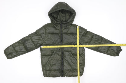 Primark Boys Green Hooded Puffer Jacket 7-8 Years Polyester Winter Coat