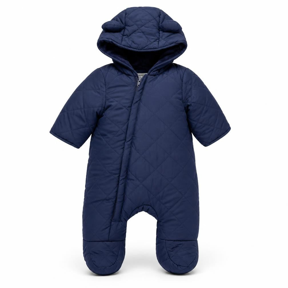 Front view of Primark Blue Quilted Hooded Snowsuit 3-6 Months unisex baby winter wear