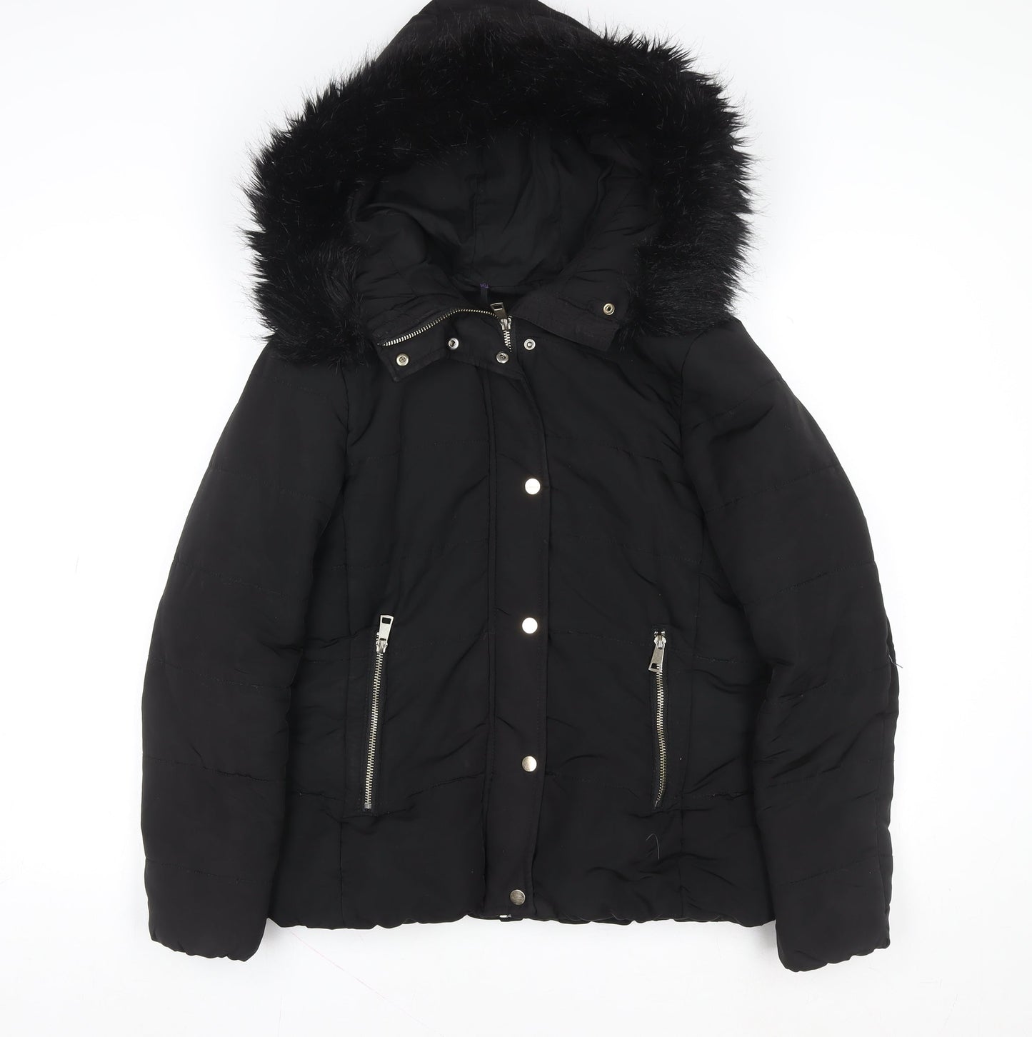 H&M Womens Black Puffer Jacket Size 8 Faux Fur Hooded Winter Coat