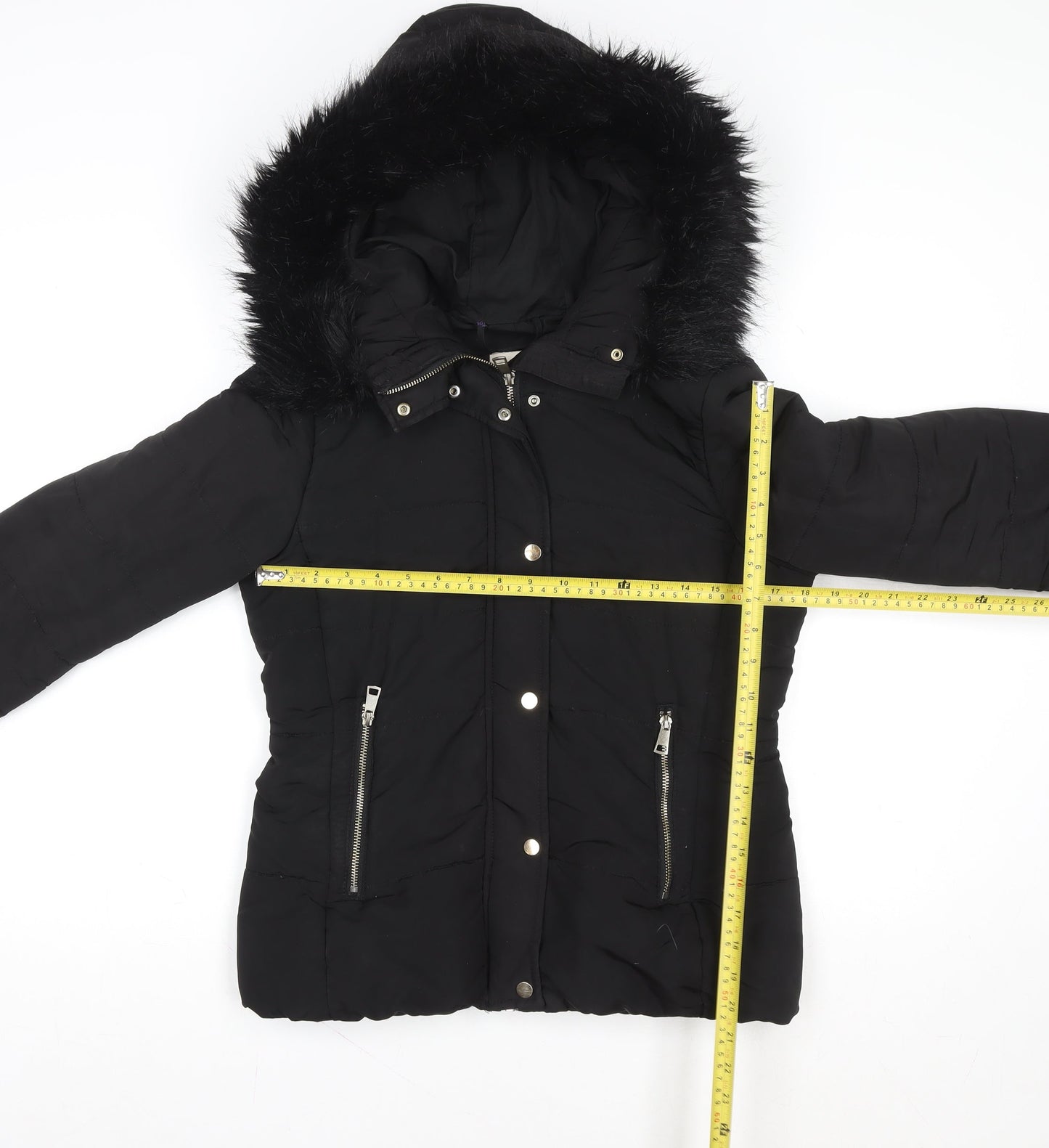 H&M Womens Black Puffer Jacket Size 8 Faux Fur Hooded Winter Coat