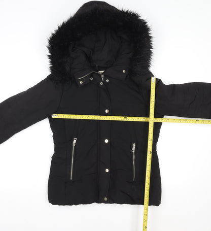 H&M Womens Black Puffer Jacket Size 8 Faux Fur Hooded Winter Coat