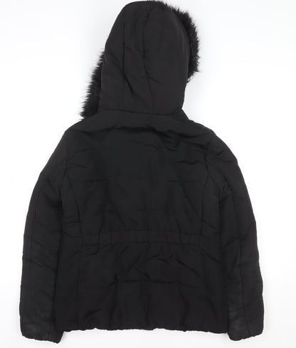H&M Womens Black Puffer Jacket Size 8 Faux Fur Hooded Winter Coat