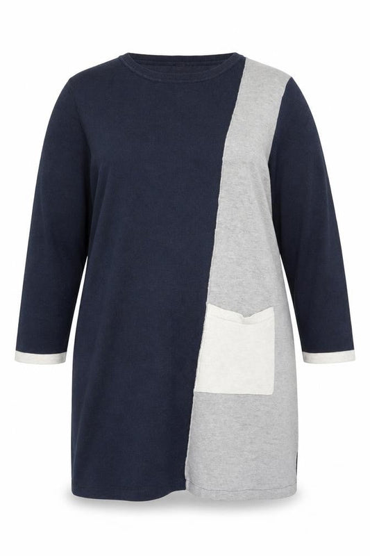 Front view of Roman Women’s Blue Grey Colourblock Knit Tunic Top, size UK 16
