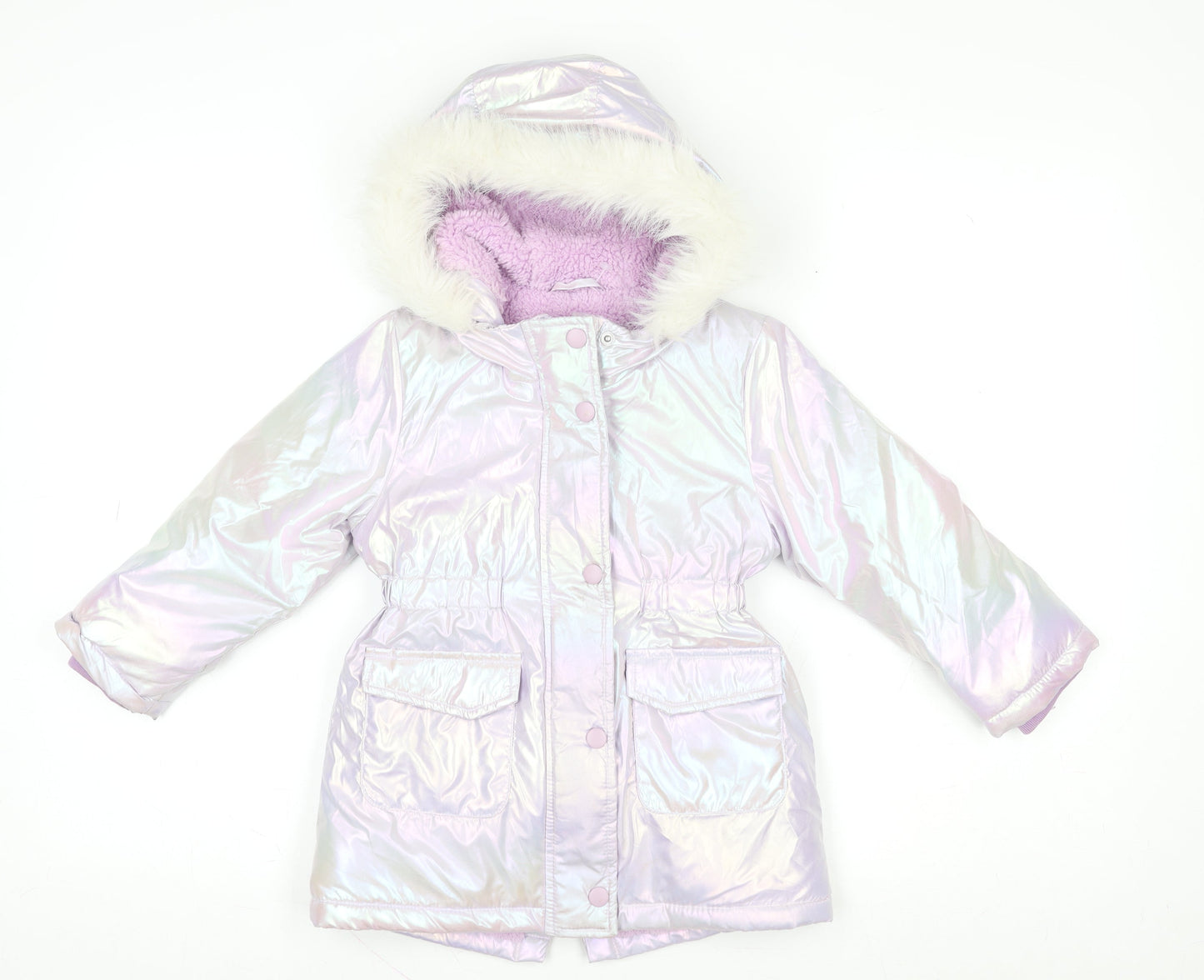 Tu Girls Pink Iridescent Faux Fur Hooded Puffer Coat 2-3 Years Winter Jacket