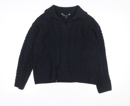 Crew Clothing Company Men's Blue Collared Cable-Knit Jumper Size M