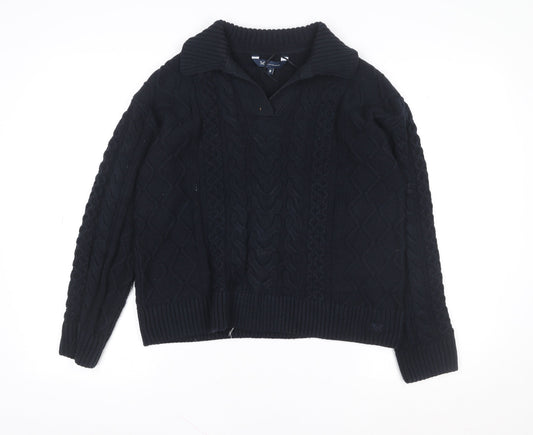 Crew Clothing Company Men's Blue Collared Cable-Knit Jumper Size M