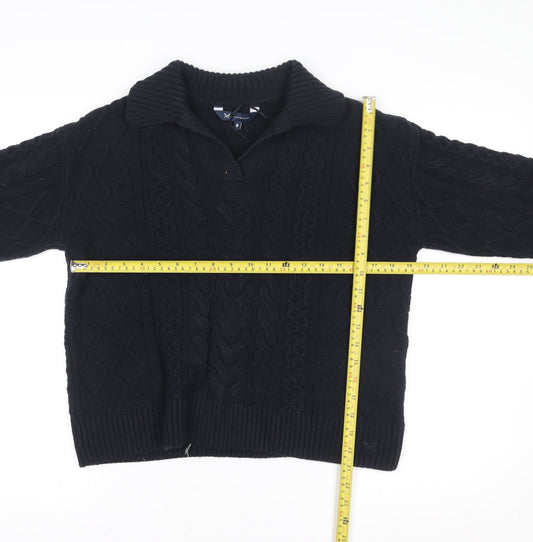 Crew Clothing Company Men's Blue Collared Cable-Knit Jumper Size M