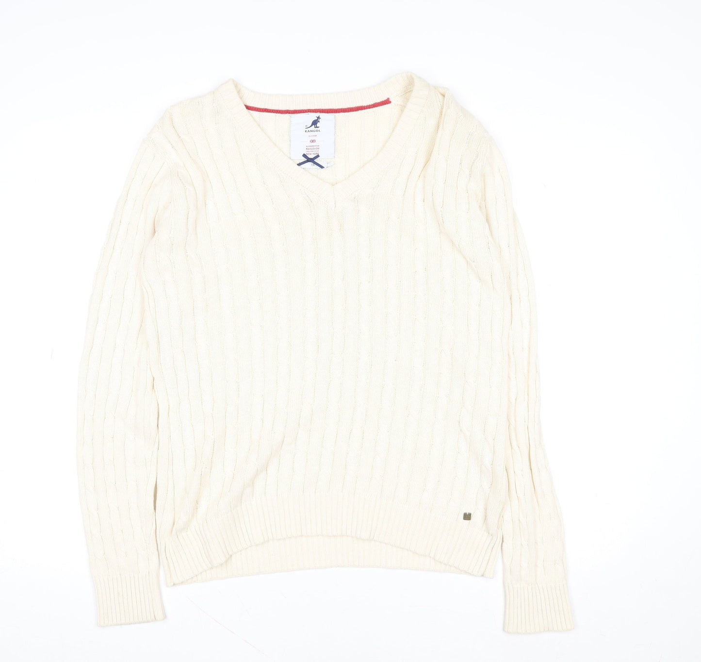 Kangol Womens Ivory Cable Knit V-Neck Cotton Jumper Size 16