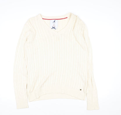 Kangol Womens Ivory Cable Knit V-Neck Cotton Jumper Size 16
