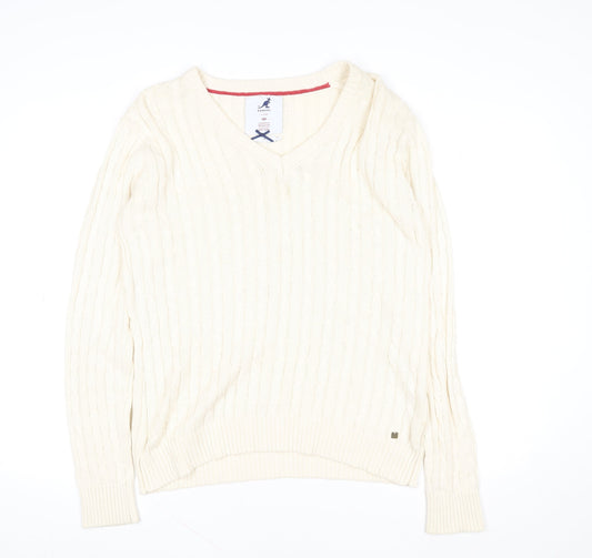 Kangol Womens Ivory Cable Knit V-Neck Cotton Jumper Size 16
