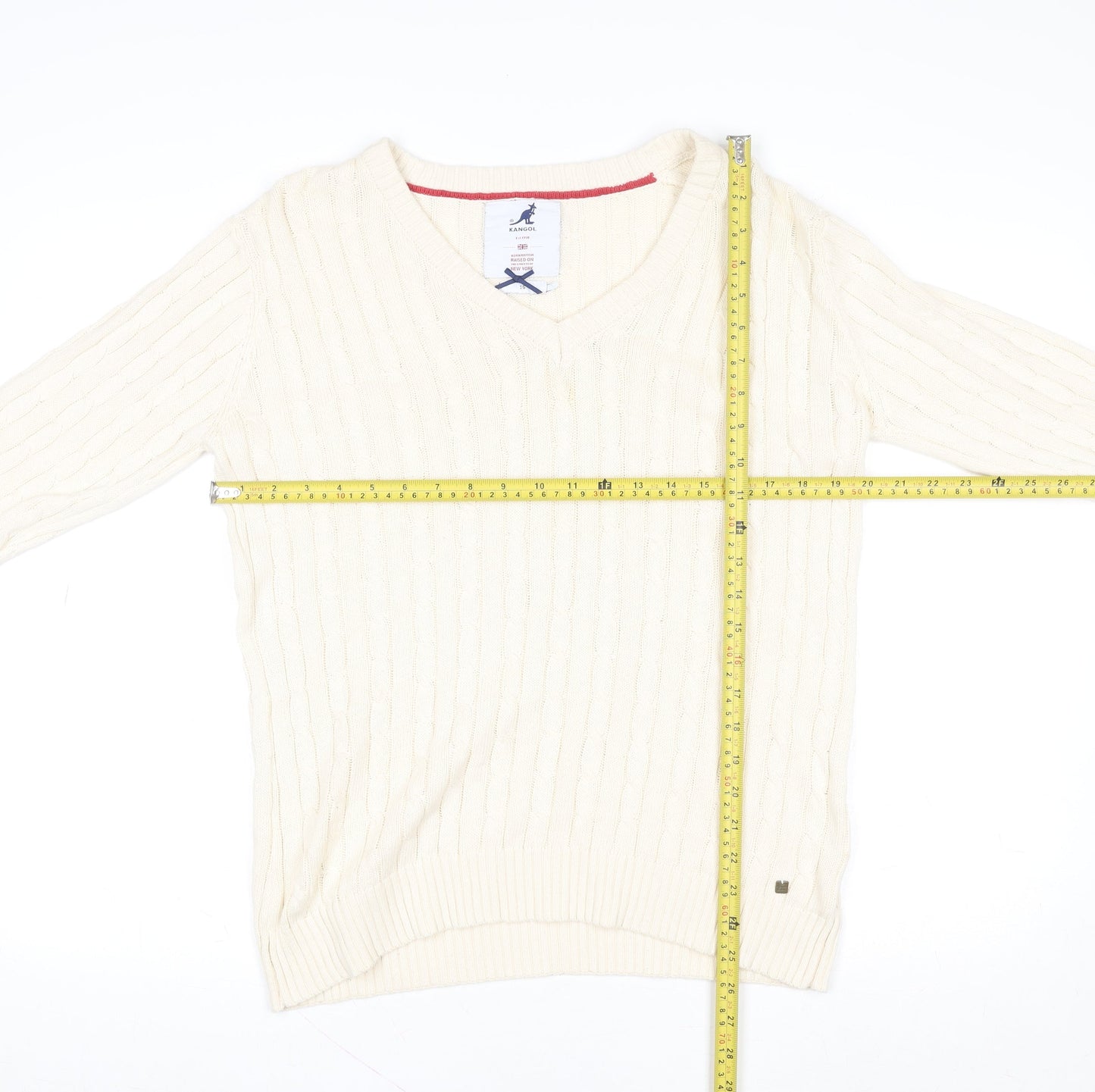 Kangol Womens Ivory Cable Knit V-Neck Cotton Jumper Size 16