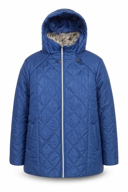 Front view of Anne de Lançay Women Blue Quilted Hooded Puffer Jacket L