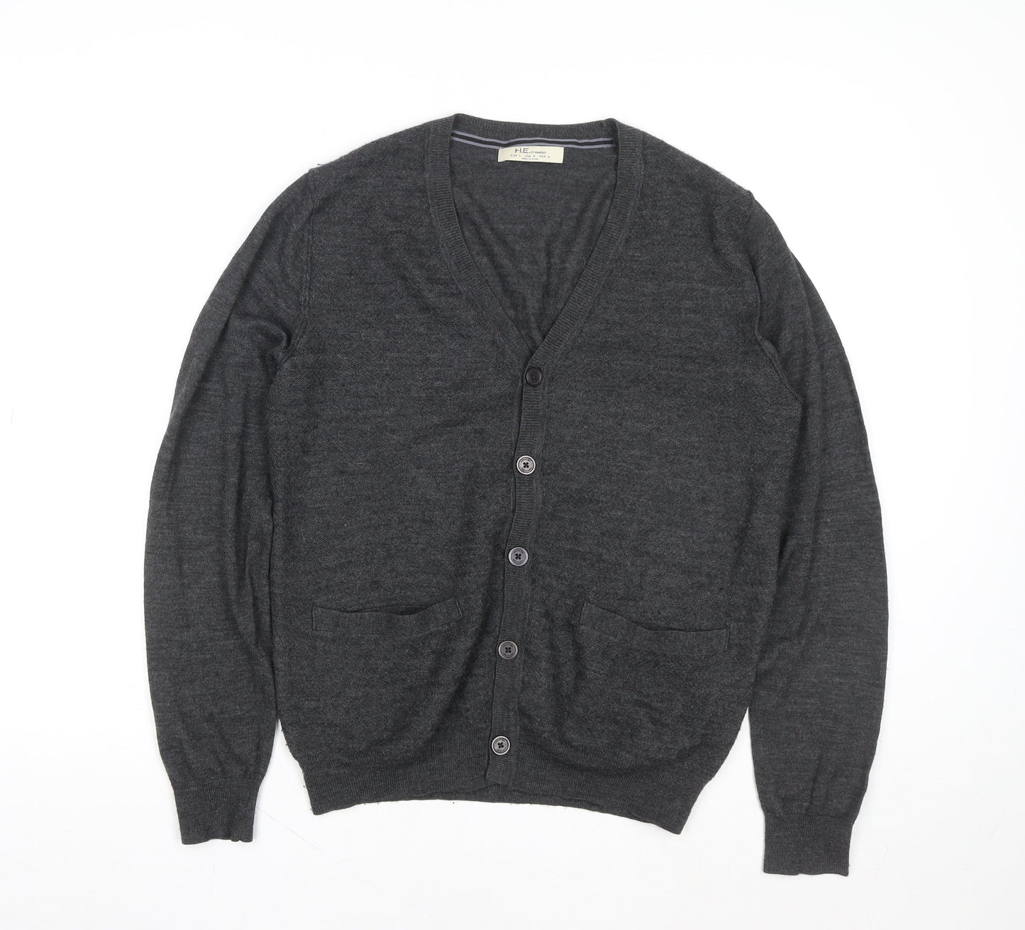 Mango Men Grey Wool Cardigan L V-Neck Classic Knit