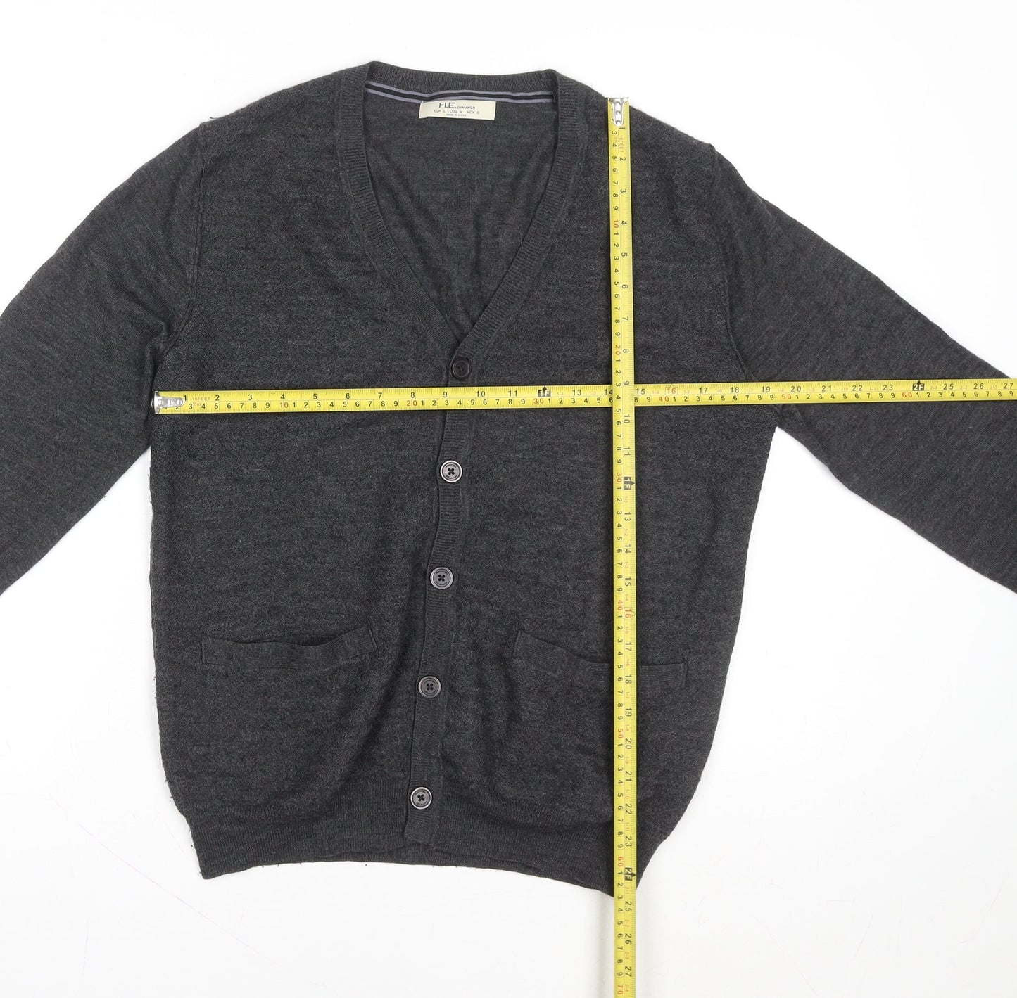 Mango Men Grey Wool Cardigan L V-Neck Classic Knit