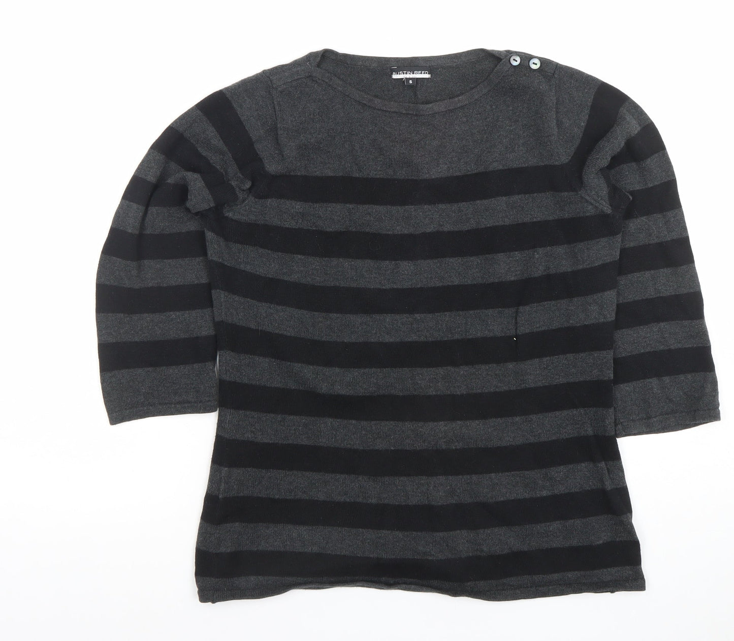 Austin Reed Women's Black Grey Striped Cotton 3/4 Sleeve Jumper S