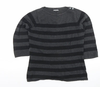 Austin Reed Women's Black Grey Striped Cotton 3/4 Sleeve Jumper S