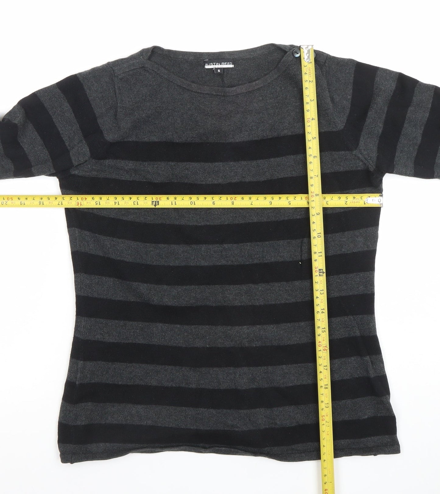 Austin Reed Women's Black Grey Striped Cotton 3/4 Sleeve Jumper S