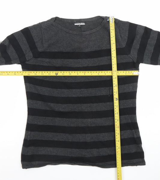 Austin Reed Women's Black Grey Striped Cotton 3/4 Sleeve Jumper S