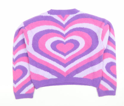 Primark Girls Purple Pink Heart Print Pullover Jumper 9-10 Years