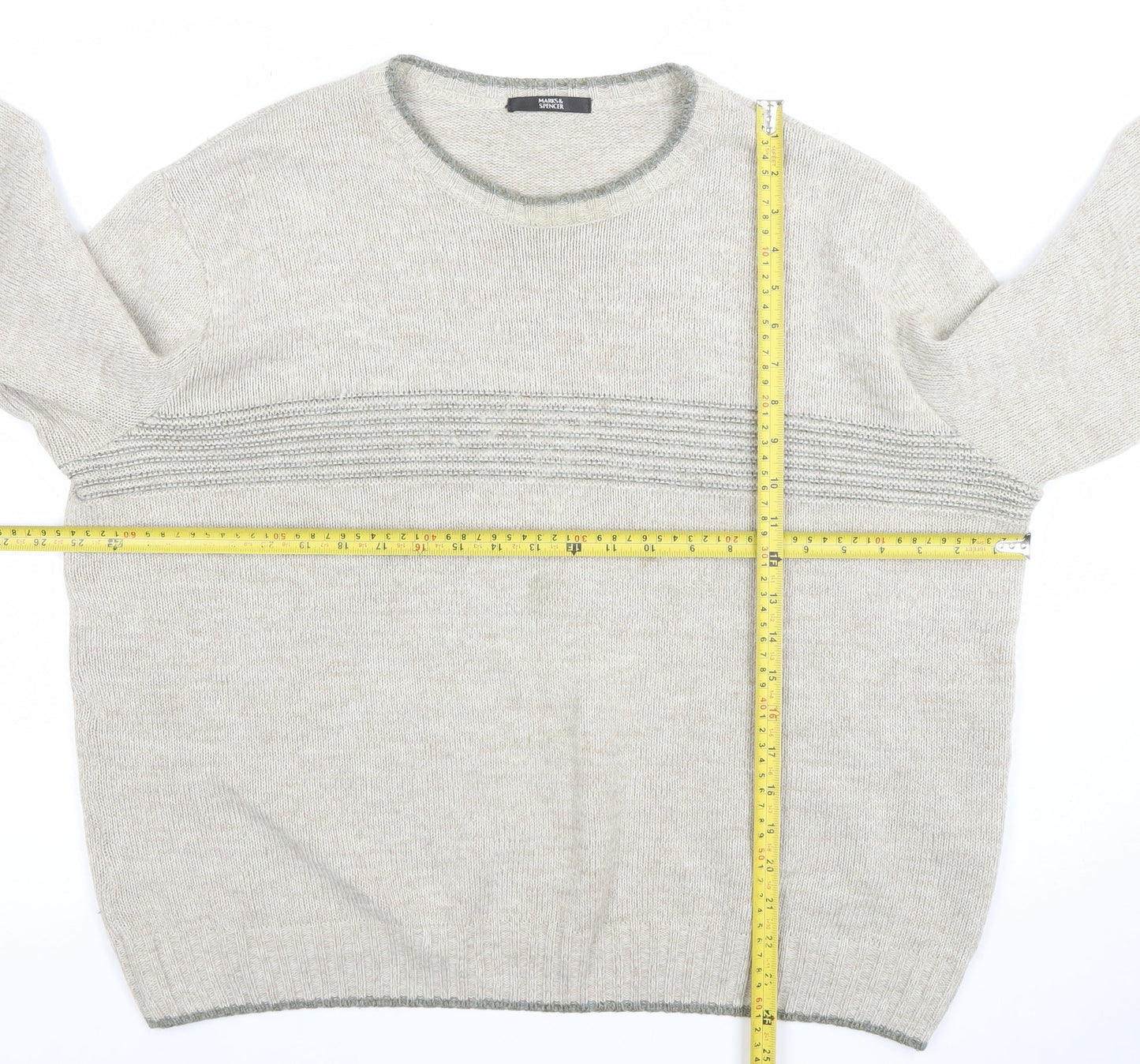 Marks and Spencer Men's Beige Wool Blend Crew Neck Jumper Size L