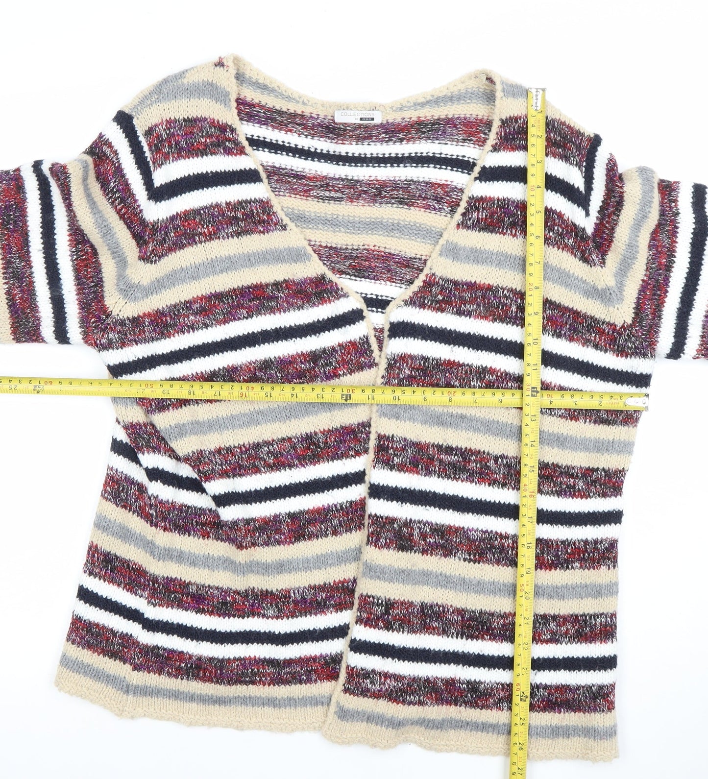 George Women Beige Multicoloured Size 24 Striped Open Knit Cardigan