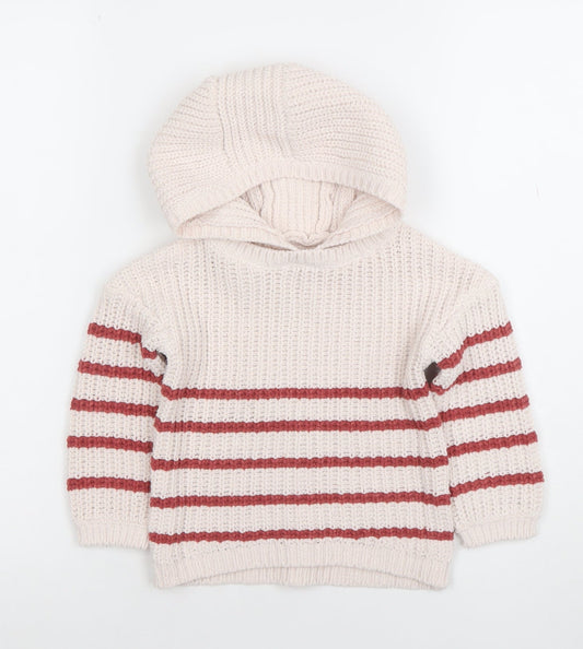 F&F Unisex Baby Ivory & Red Hooded Striped Knit Jumper 12-18 Months