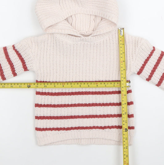 F&F Unisex Baby Ivory & Red Hooded Striped Knit Jumper 12-18 Months